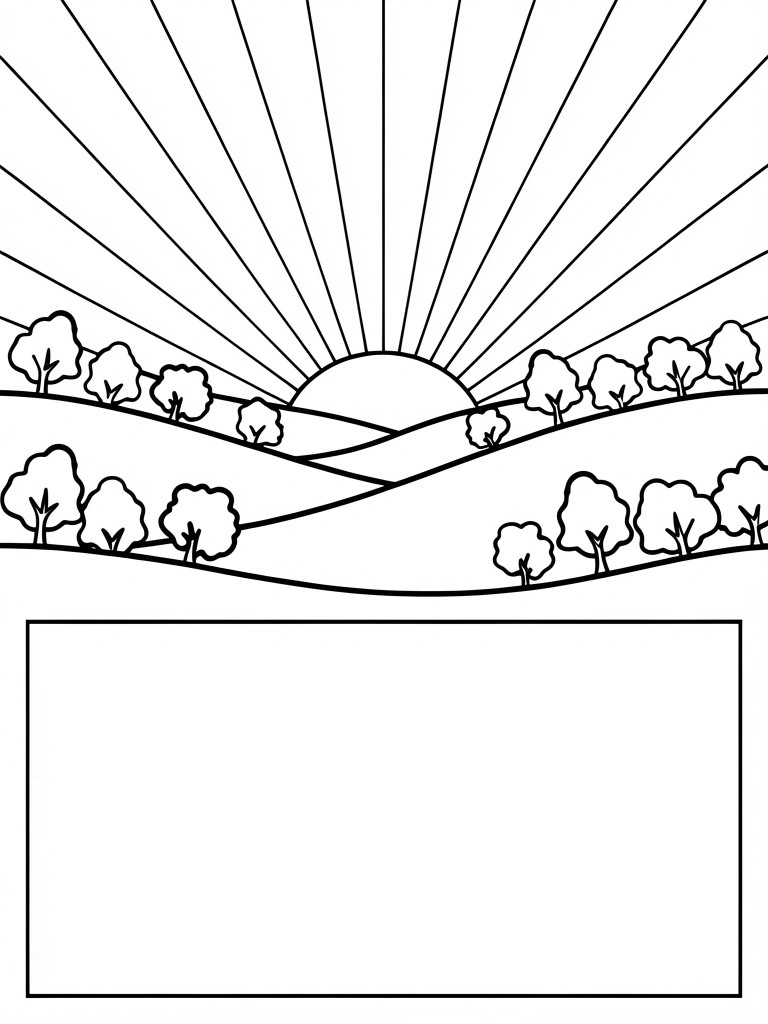 Black line drawing of a sun with rays above rolling hills and scattered trees, with a blank rectangle below.