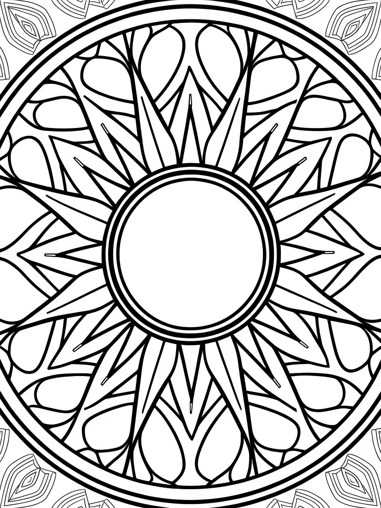 Black line art coloring page of a circular mandala with symmetrical radiating floral petals, vines, and lace patterns around a blank central circle.