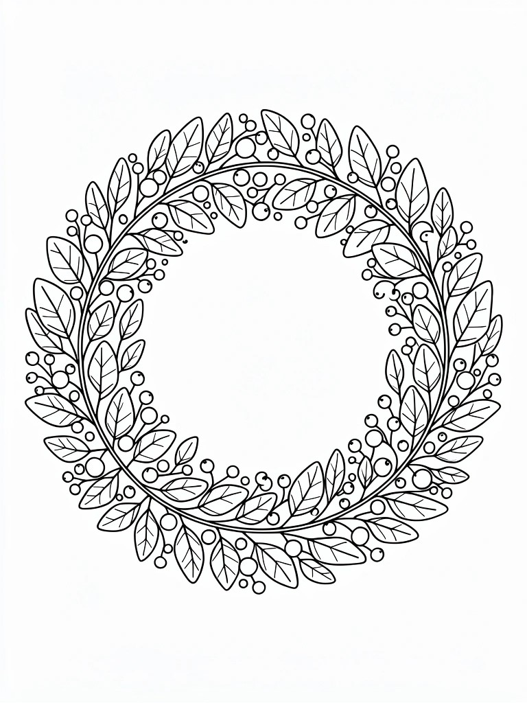 Black line drawing of a circular wreath made from overlapping leaves and berry clusters.