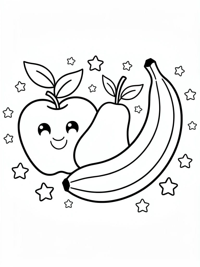 Line art of a kawaii apple with eyes and smile, plain pear, and banana clustered together with leaves and surrounding stars.