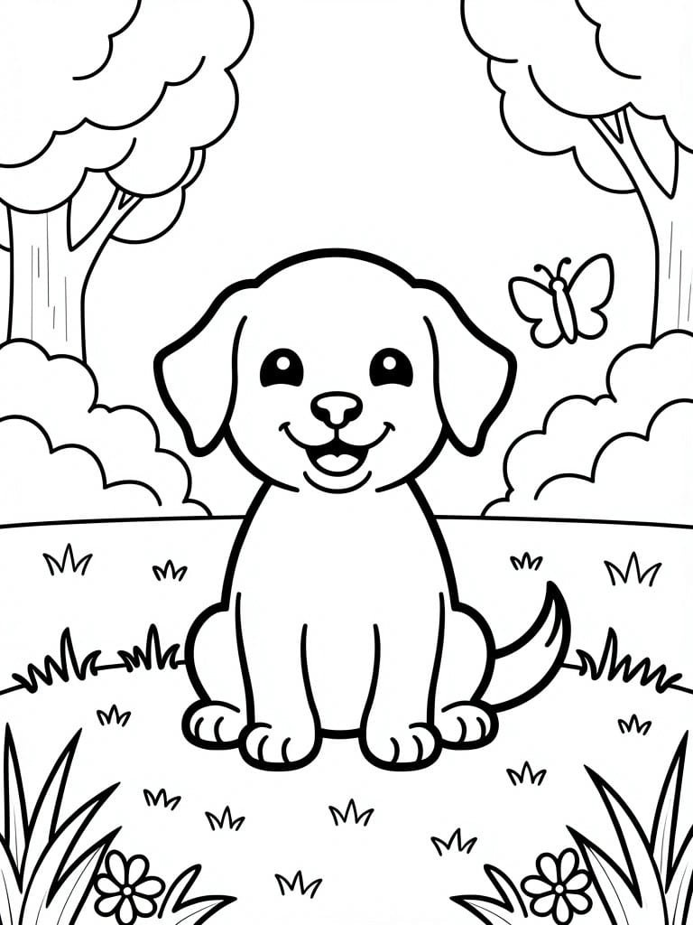 Line drawing of a sitting puppy surrounded by trees, bushes, grass, flowers, and a butterfly in a forest clearing.