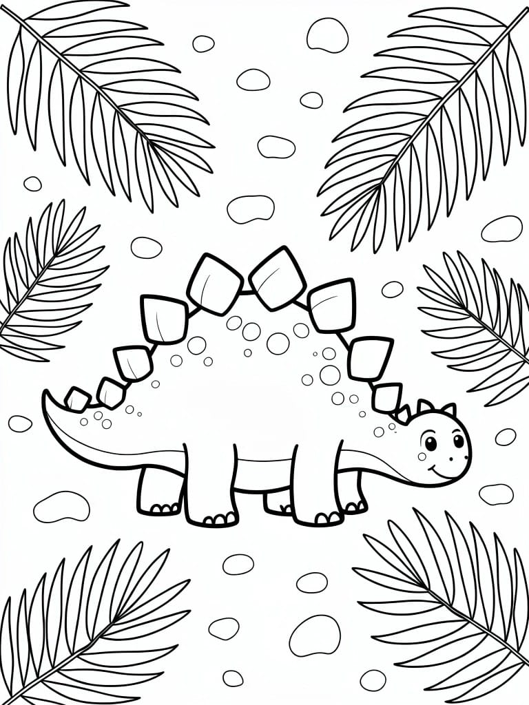 Line drawing of a cartoon Stegosaurus dinosaur with back plates amid ferns, bubbles, and ground blobs.
