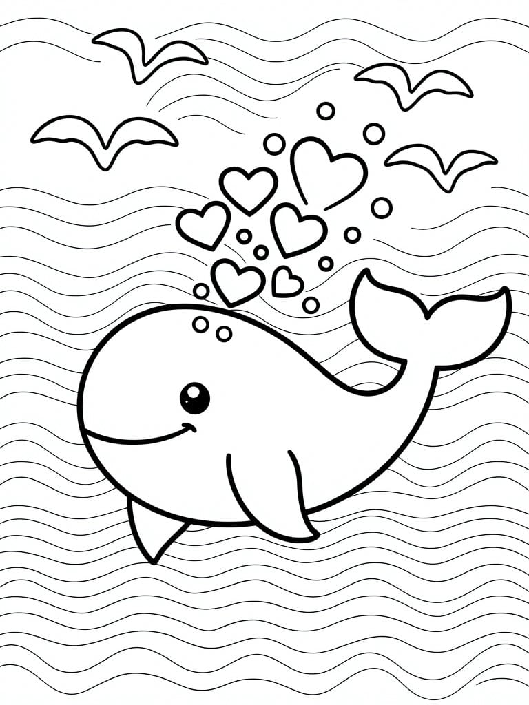 Black line drawing of a smiling whale spouting heart bubbles amid waves with birds overhead.