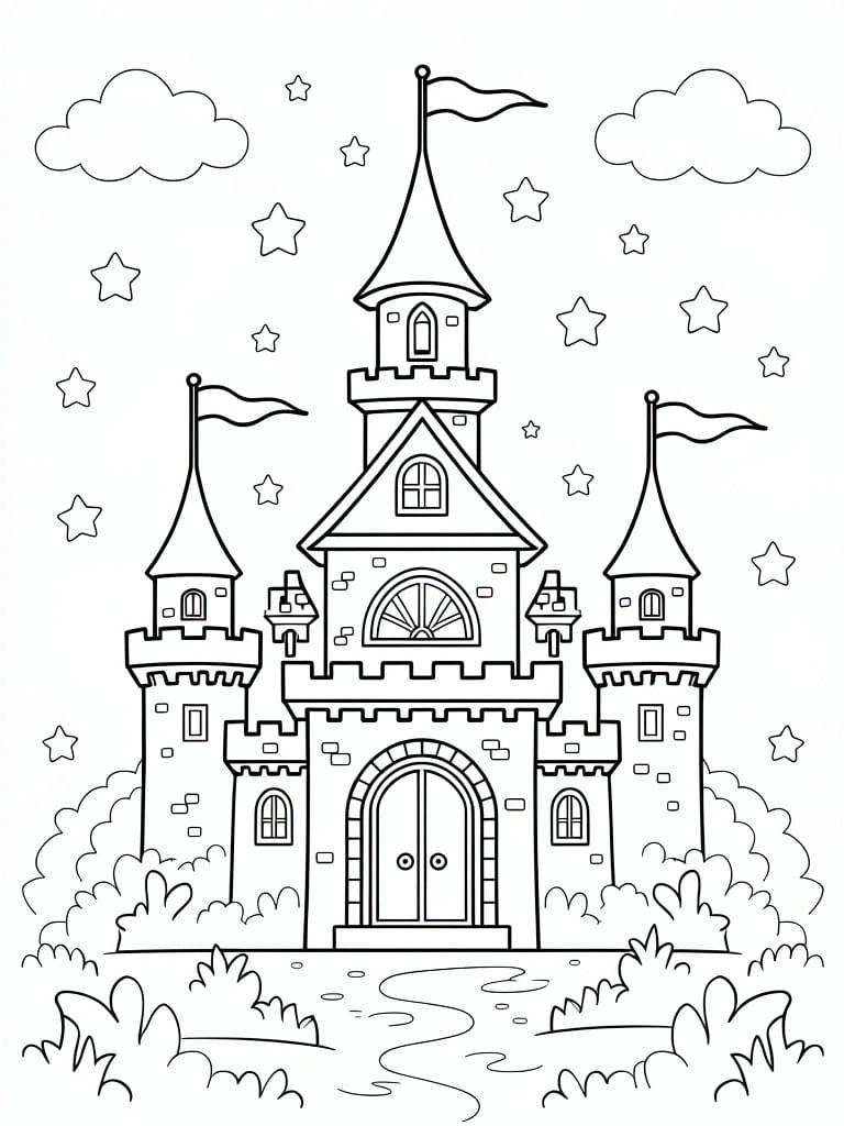 Line drawing of a front-facing fairy tale castle with towers, flags, stars, clouds, arched door, and front bushes.