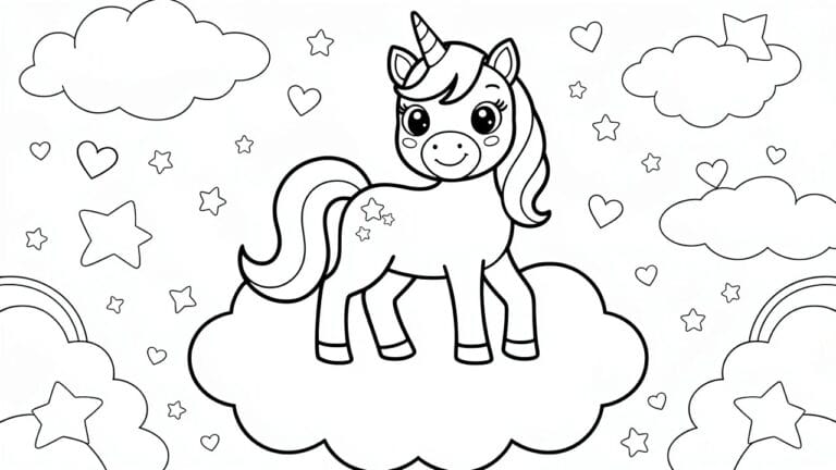 Black outline coloring page of a unicorn standing on a cloud, surrounded by stars, hearts, and additional clouds.
