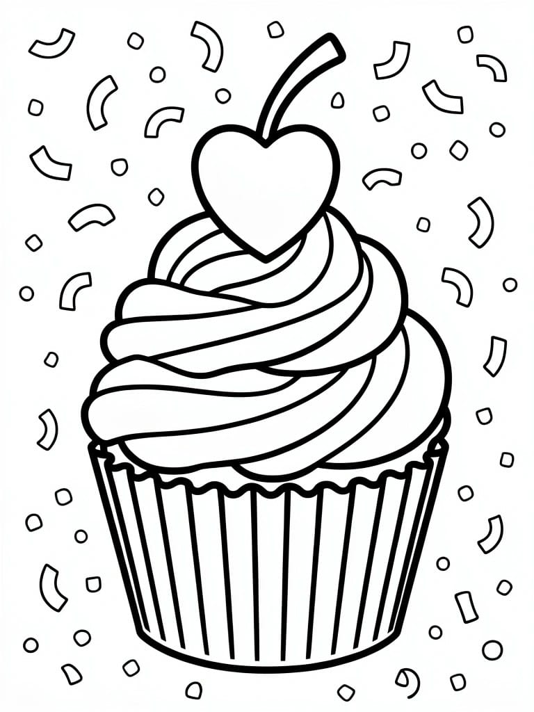 Line art of a cupcake with swirled icing, heart shape, cherry, and scattered confetti pieces.