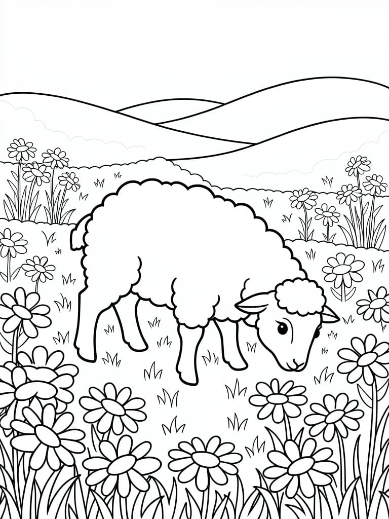 Line drawing of a fluffy sheep grazing in a grassy field surrounded by daisies, with distant rolling hills.