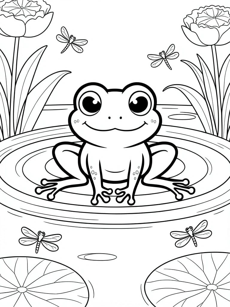 Line drawing of a smiling frog on a lily pad in a pond, with dragonflies, flowers, leaves, and water lilies around it.