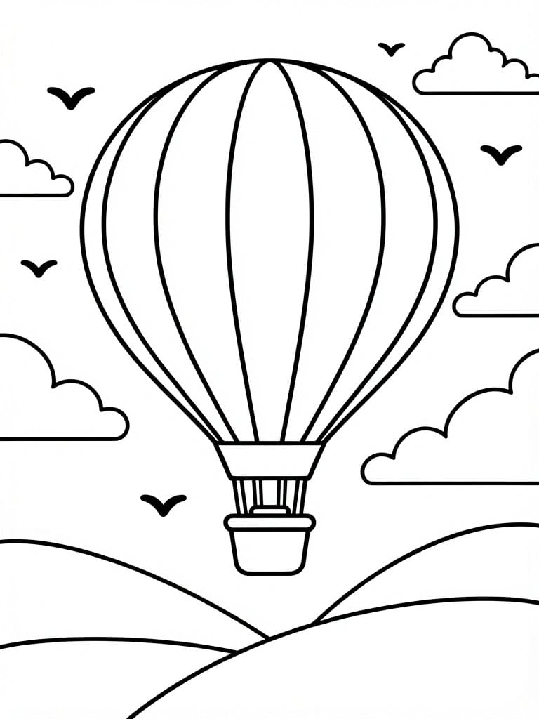 Line drawing of a striped hot air balloon floating above rolling hills, with birds and clouds in the sky.