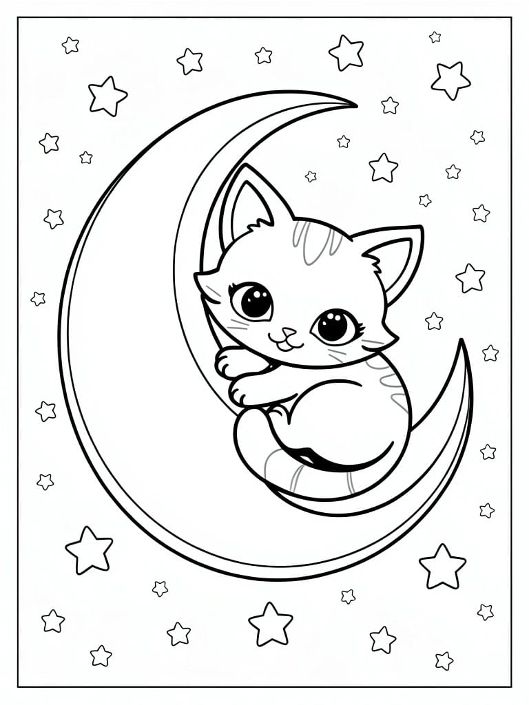 Line drawing of a kitten sitting on a crescent moon with stars scattered in the background.