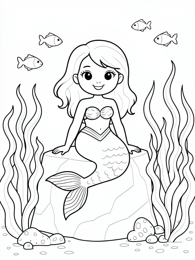 Black line drawing of a smiling mermaid with long hair and scale tail sitting on a rock, surrounded by fish, seaweed, and small rocks.