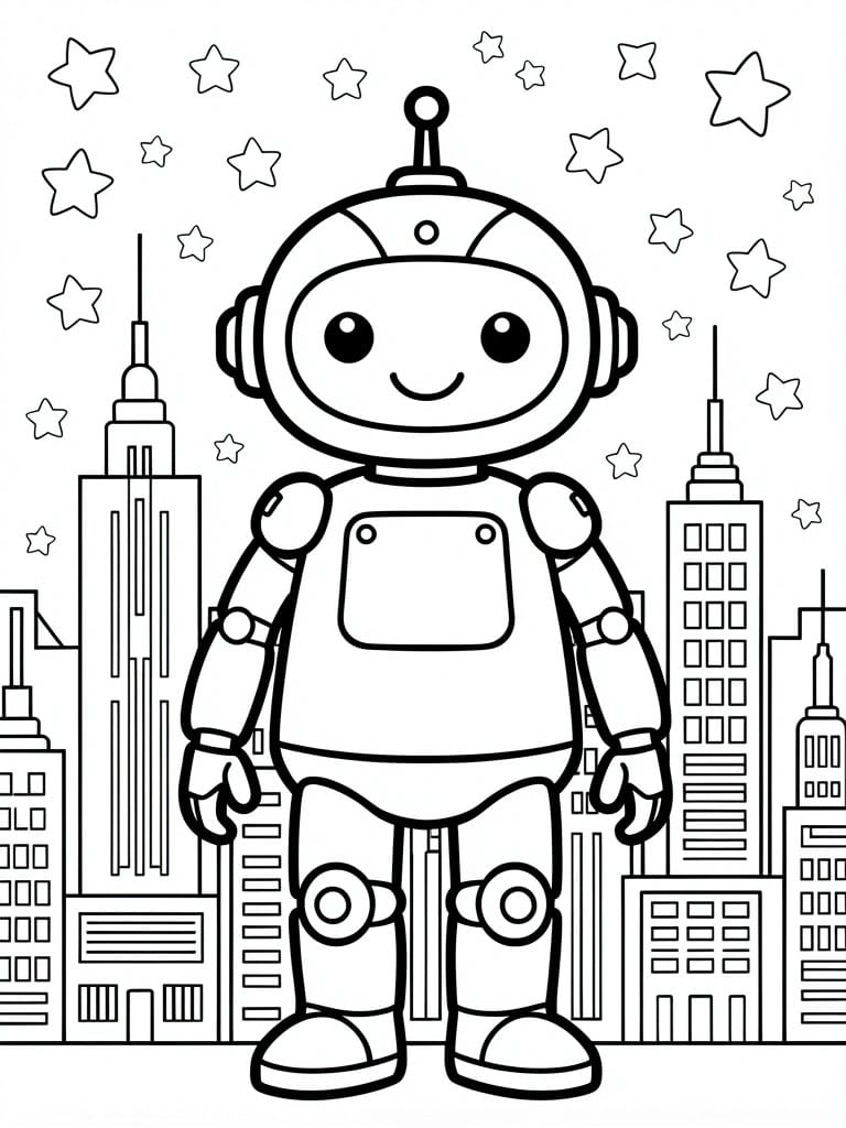 Black line drawing of a smiling robot astronaut standing before city skyscrapers under a starry sky.