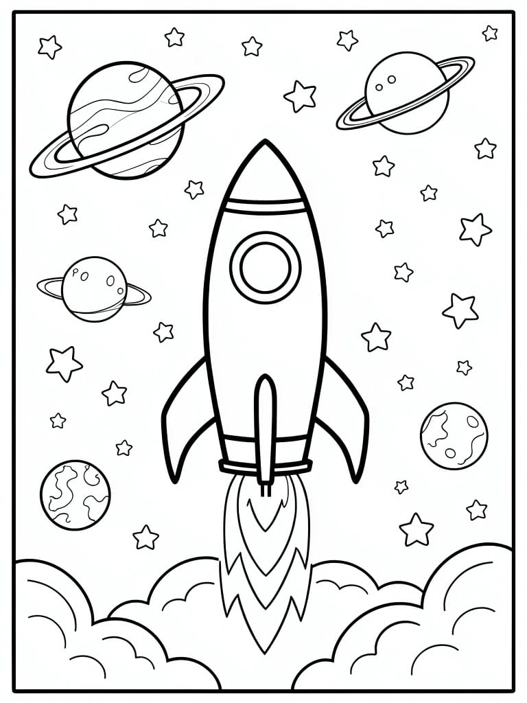 Line drawing of a rocket ship launching upward surrounded by planets, stars, and base clouds.
