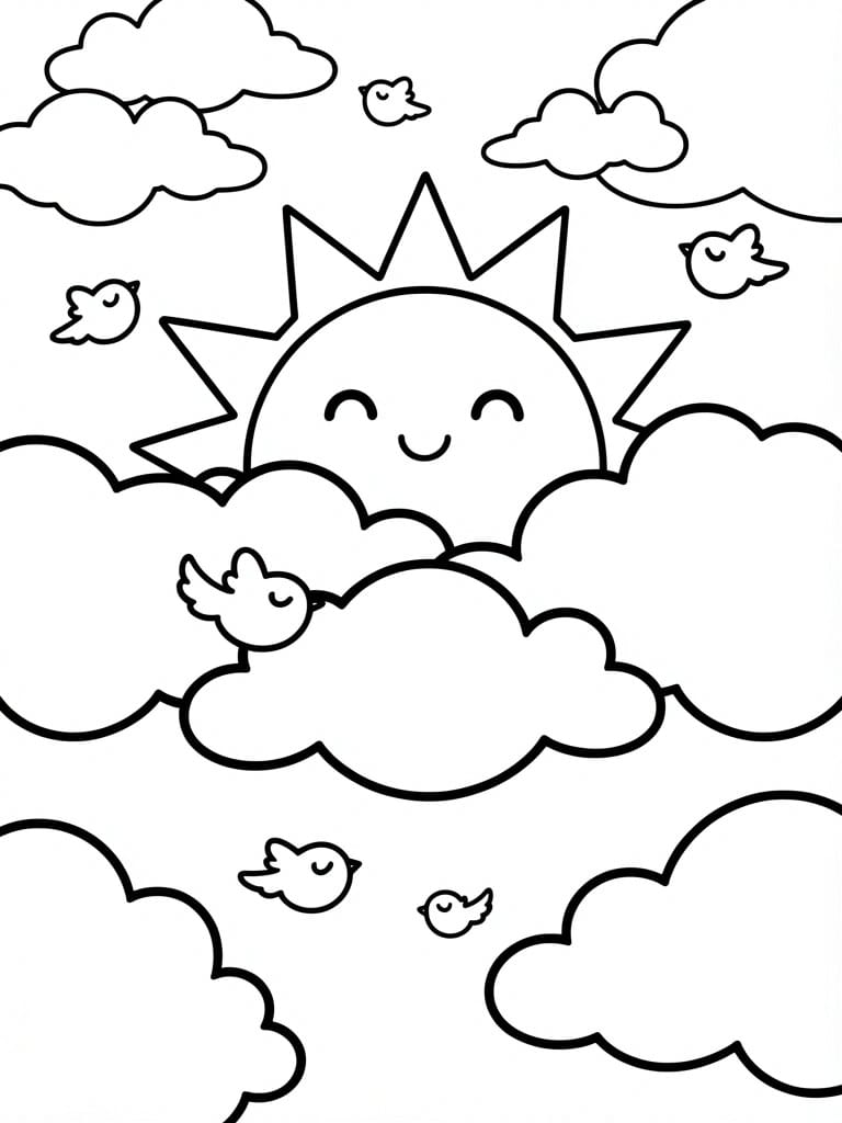 Outline coloring page of a happy-faced sun with rays above and between clouds, with birds flying and perched around.