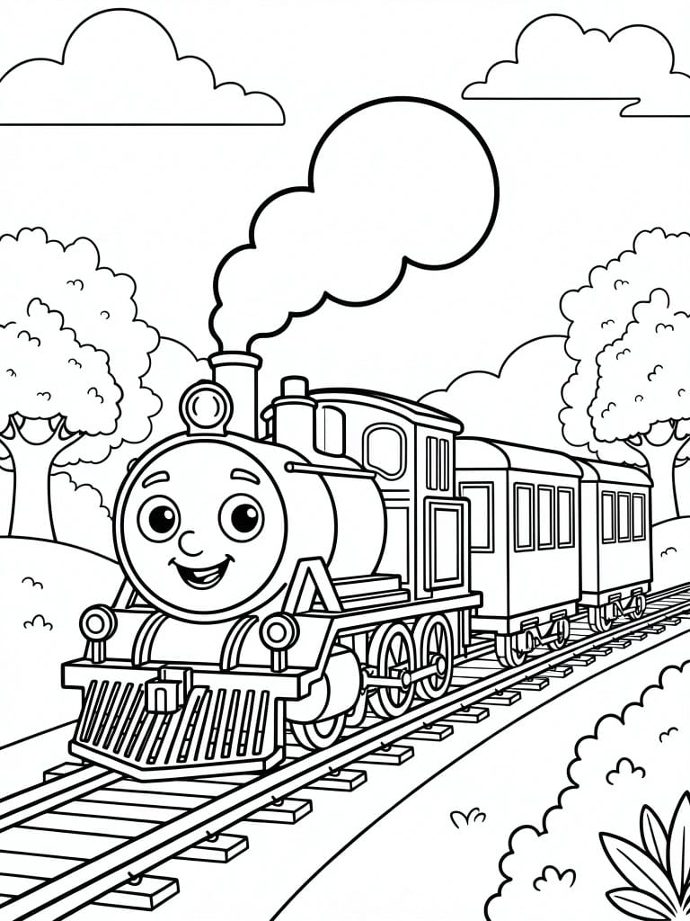 Line drawing of smiling Thomas the Tank Engine with steam, pulling a passenger car on tracks amid trees and clouds.