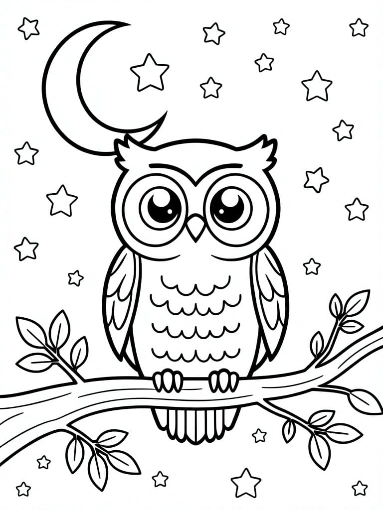 Black and white outline of a cute owl with big eyes on a branch, crescent moon, stars, and leaves in a night sky.