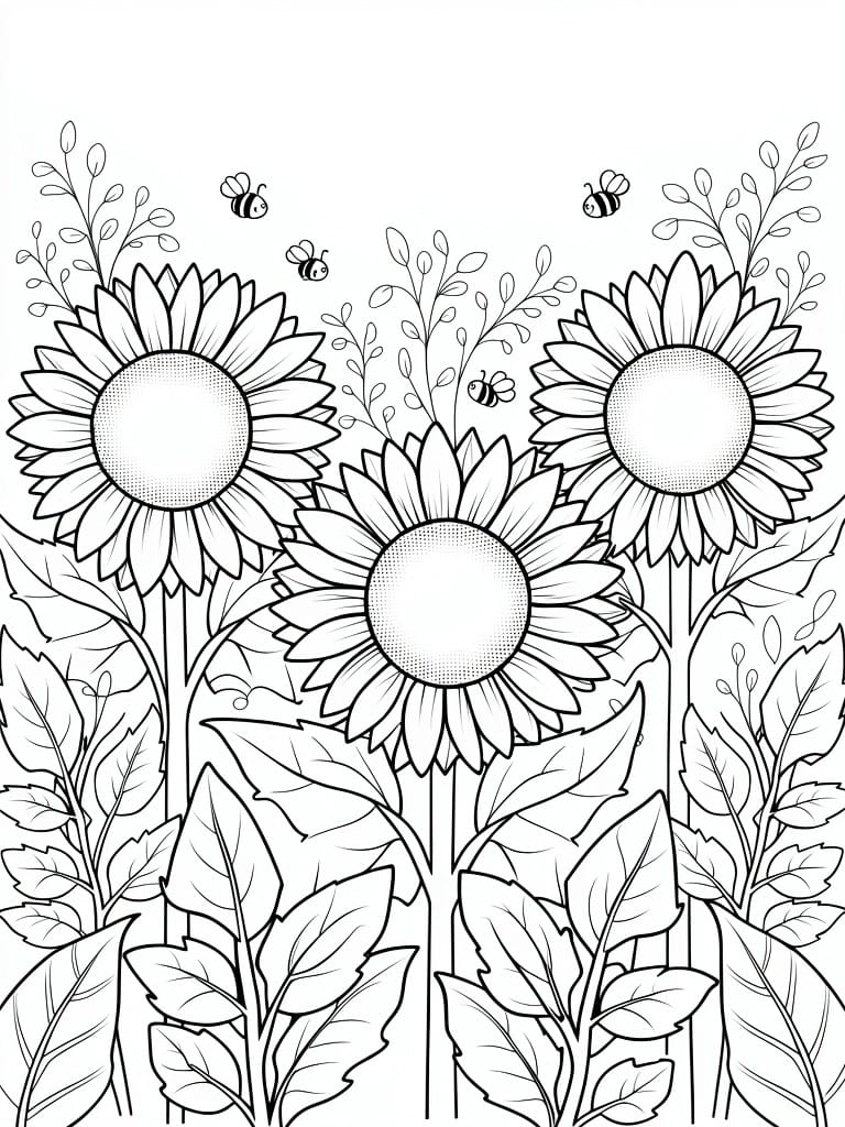 Black line drawing of three tall sunflowers with flying bees, stems, leaves, and foliage.