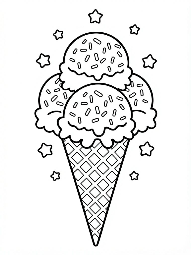 Line drawing of three stacked ice cream scoops with sprinkles on a waffle cone, surrounded by stars.