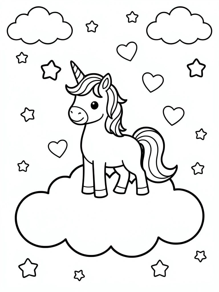 Black outline coloring page of a unicorn standing on a cloud, surrounded by stars, hearts, and additional clouds.