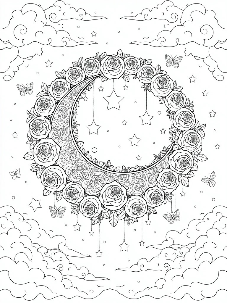 Line art coloring page featuring a detailed crescent moon surrounded by a wreath of roses, with butterflies, dangling stars, and cloudy background.