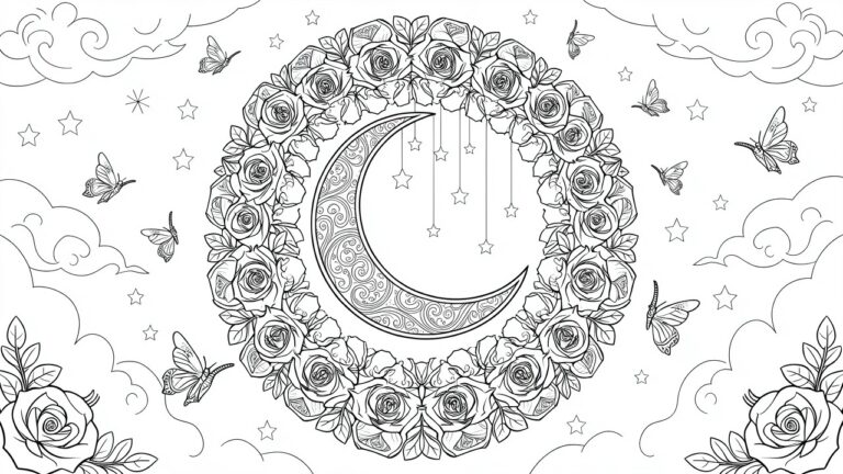 19 Soft Aesthetic Coloring Sheets That Look Dreamy Line art coloring page featuring a detailed crescent moon surrounded by a wreath of roses, with butterflies, dangling stars, and cloudy background.