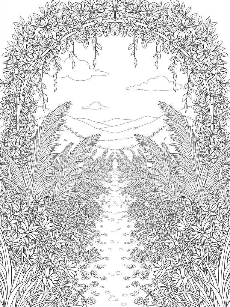 Black line drawing of a flower-covered arch over a path through tall grasses toward mountains and clouds.