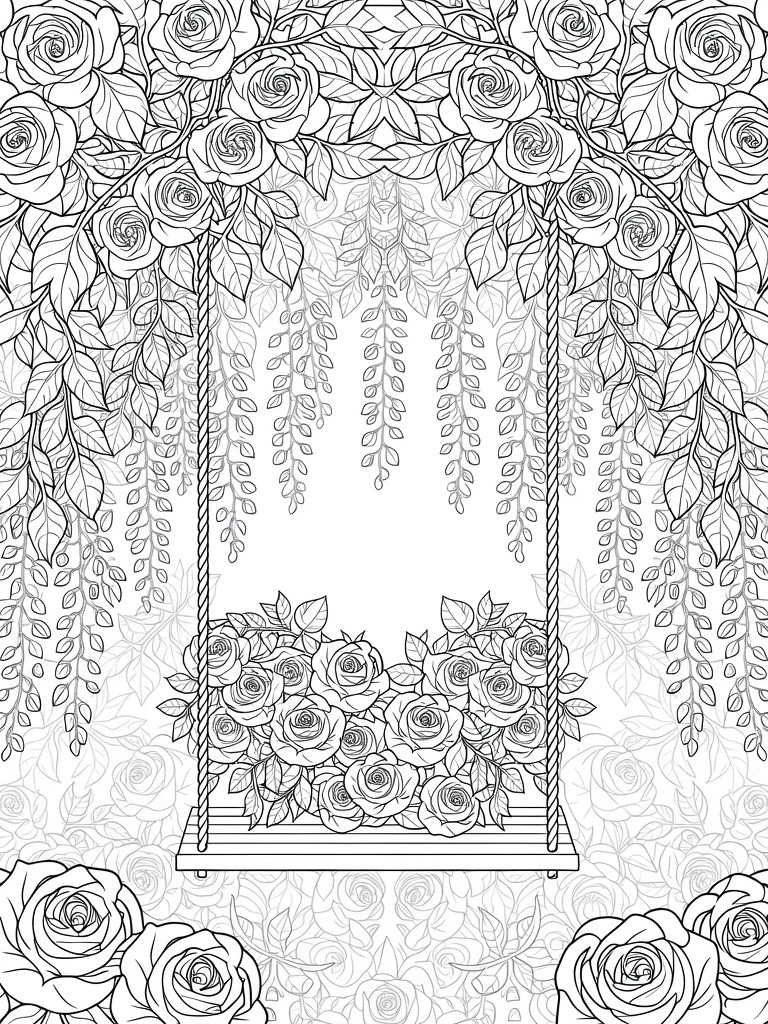 Line art coloring page featuring a swing draped in roses and wisteria under a floral arch with background rose motifs.