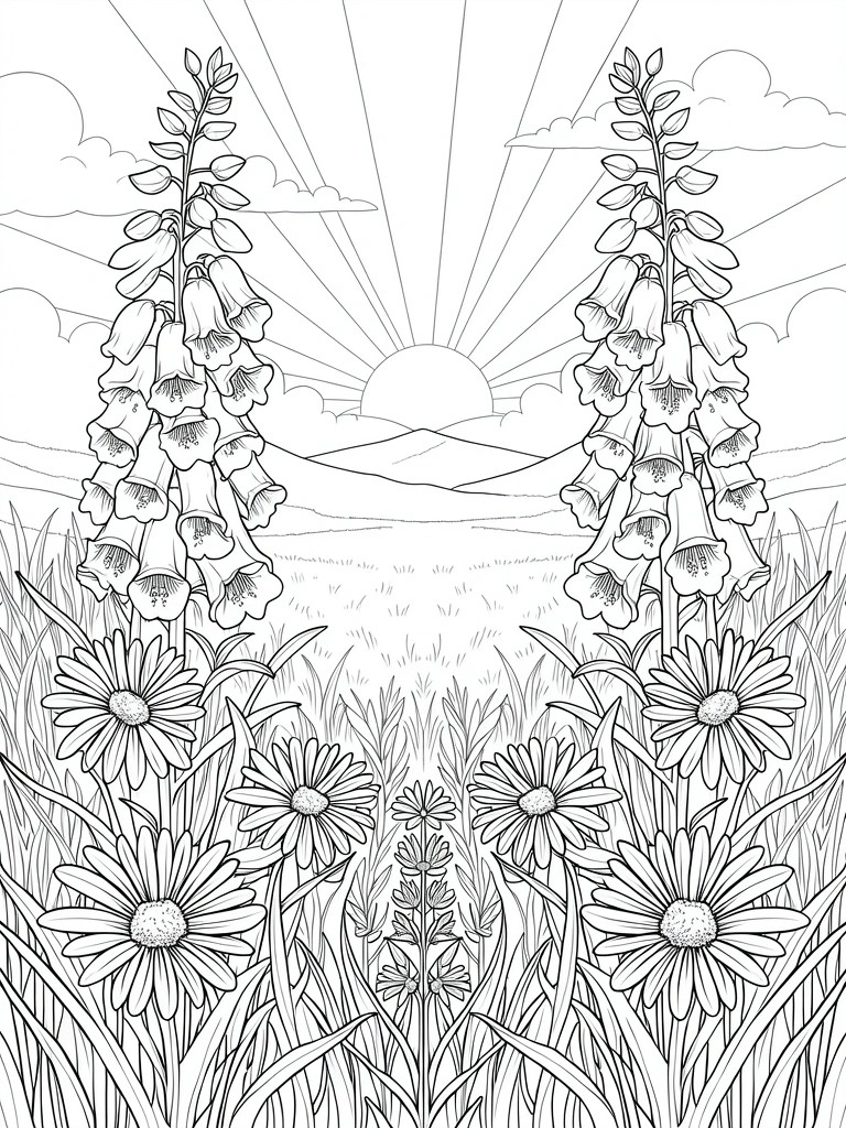 Line drawing of symmetrical foxgloves and daisies around a sunset sun over grassy fields and distant hills.