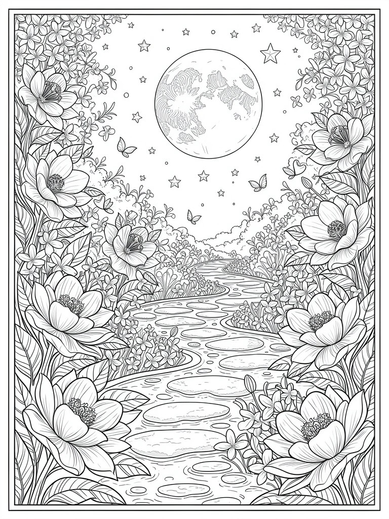 Black and white line drawing of a full moon, stars, and butterflies over a winding lily pad path lined with flowers.