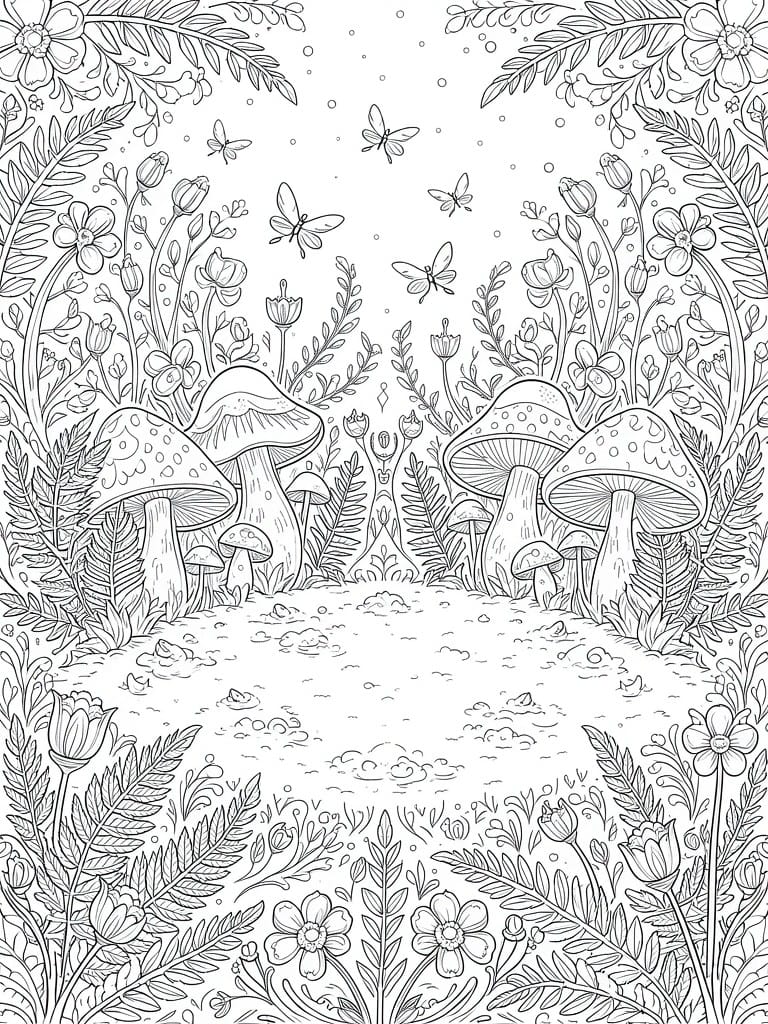 Line art coloring page featuring mushrooms in a central clearing framed by ferns, flowers, butterflies, and sparkles.