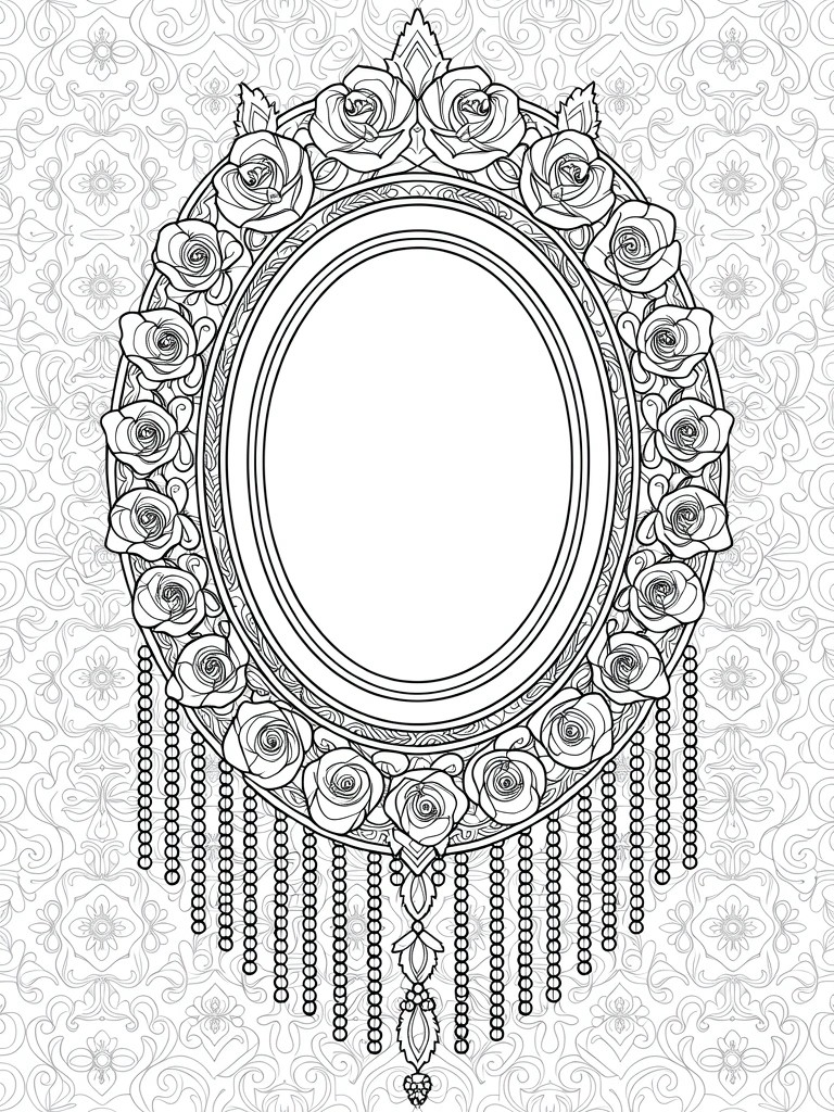 Line art coloring page of a symmetrical oval frame with roses, flourishes, damask background, and dangling beaded tassels.
