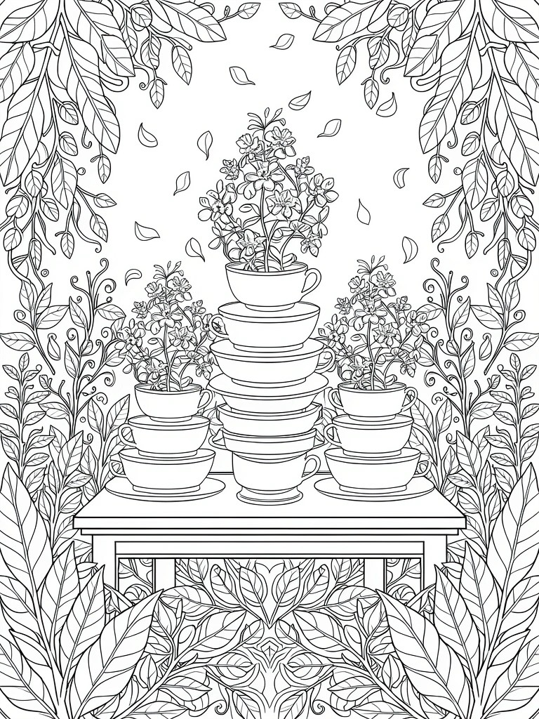Line art of stacked teacups on a table overgrown with vines, framed by dense swirling leaves and falling foliage.