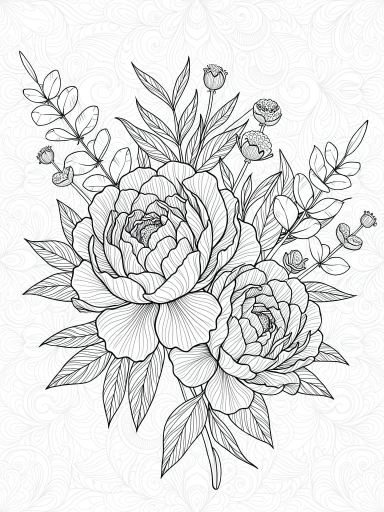 Line art coloring page featuring two central peonies with detailed petals, surrounded by leaves, buds, and subtle swirling background patterns.