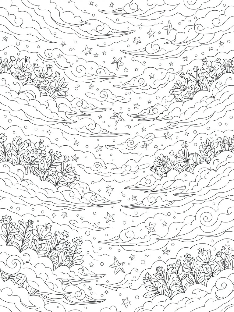 Line art coloring page with vertical repeating layers of swirling clouds, scattered stars, and bushy flower clusters.