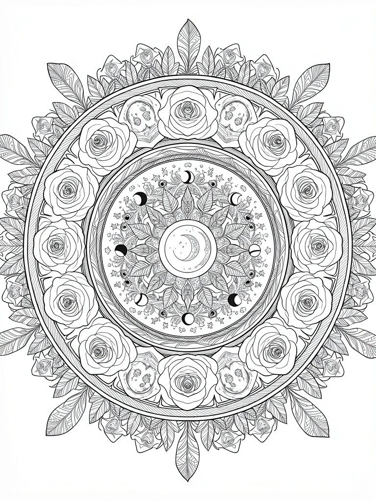 Black line art mandala with central crescent moon amid stars and leaves, surrounded by roses and vines.
