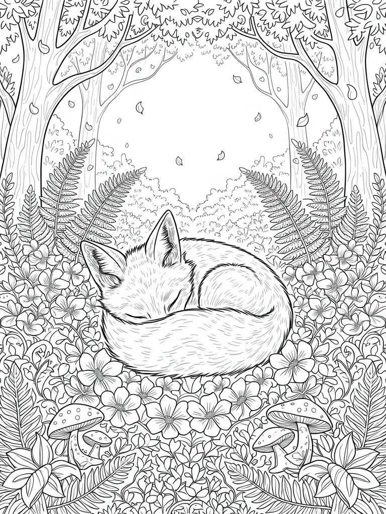 Line art coloring page featuring a curled sleeping fox surrounded by detailed ferns, flowers, mushrooms, and arched trees in a forest glade.