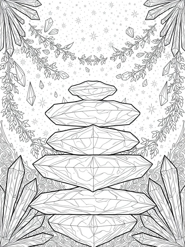 Line art coloring page featuring a central stack of faceted geometric crystals surrounded by curving vines, scattered gems, and starry background elements.