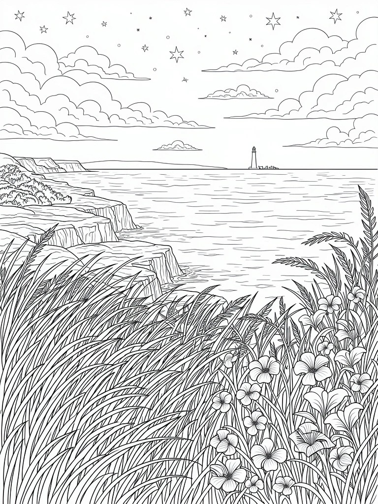 Line art of grassy cliffs with flowers overlooking ocean waves and distant lighthouse under starry cloudy sky.