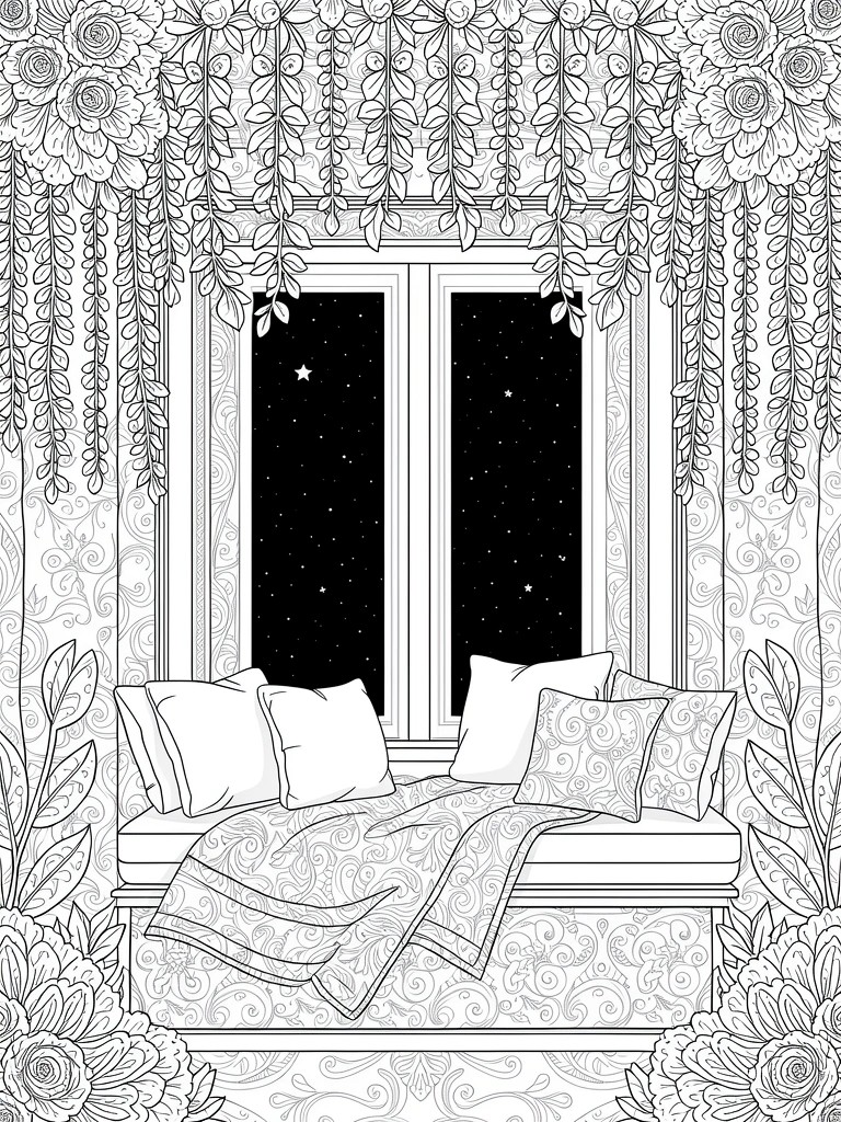 Line art of a cushioned window seat under hanging floral vines, with starry night sky through the glass and patterned walls.
