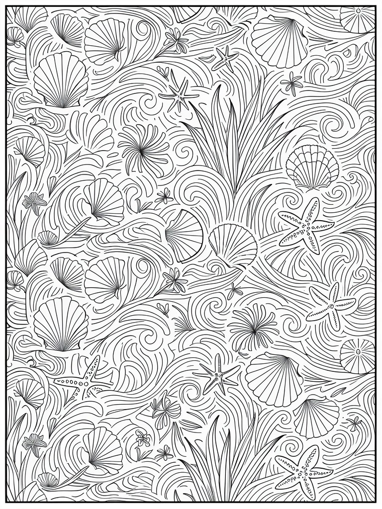 Black and white line art page filled with overlapping scallop shells, starfish, seaweed, and swirling wave patterns.