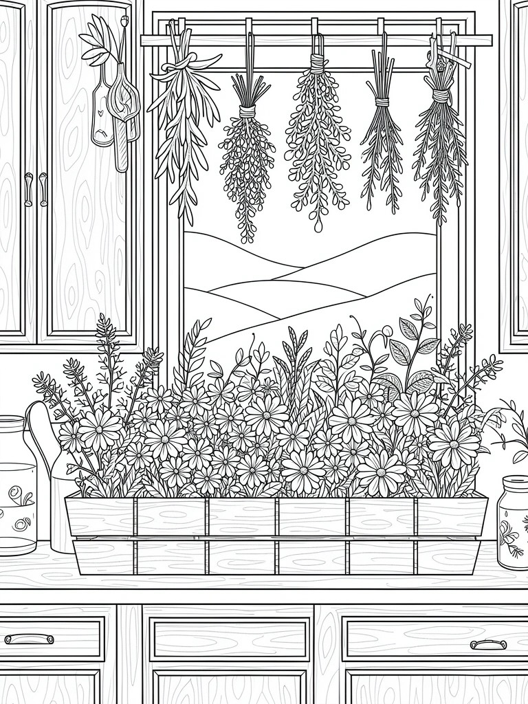 Line art coloring page of a kitchen windowsill with hanging herb bundles, daisy-filled wooden planter, cabinets, jars, and hill view through the window.