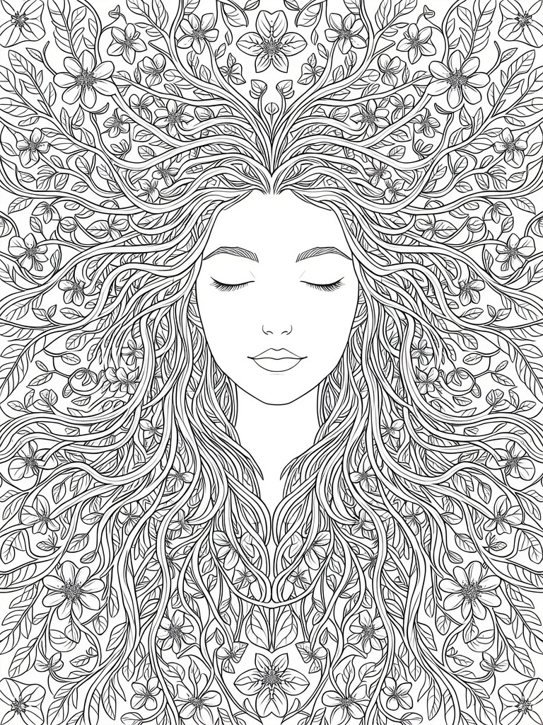 Line art of a woman's serene face with hair transforming into intricate vines, branches, and flowers.
