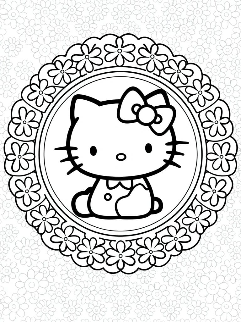 Line drawing of Hello Kitty sitting inside a circular frame with floral lace borders on a dotted background.