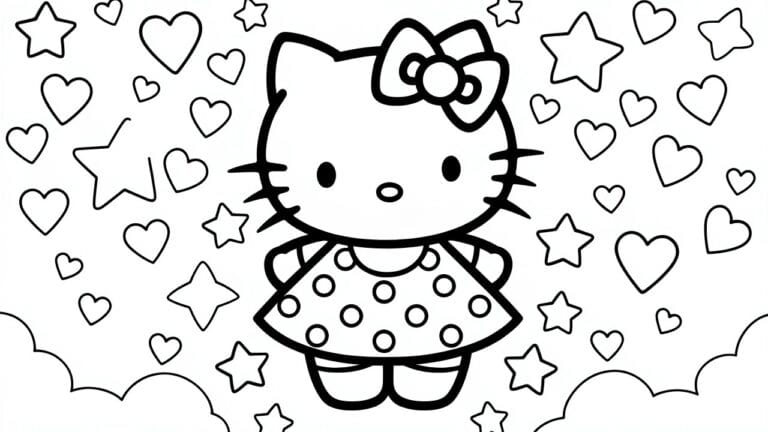 19 Timeless Hello Kitty Coloring Pages with Classic Charm Outline drawing of Hello Kitty in polka-dot dress with bow, surrounded by scattered heart and star shapes.