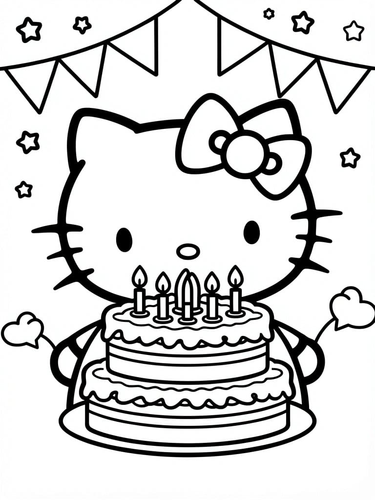 Hello Kitty faces forward holding a multi-tiered birthday cake with candles, surrounded by stars and hanging banners.