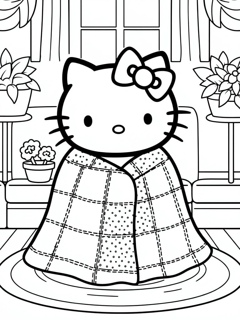 Hello Kitty coloring page showing her wrapped in a checkered blanket sitting on a rug in a room with curtains, windows, plants, and furniture stands.
