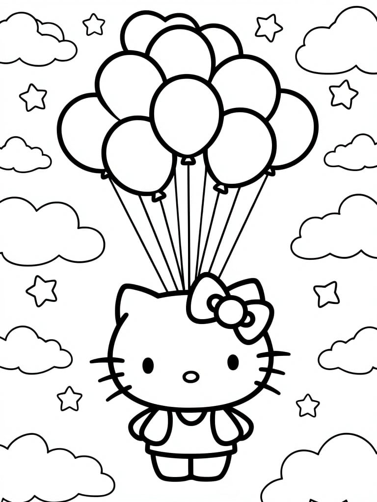 Black and white line drawing of Hello Kitty hanging below a bunch of balloons surrounded by clouds and stars.