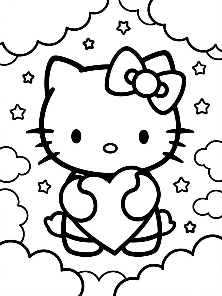 Black outline coloring page of Hello Kitty holding a heart with clouds and stars around her.