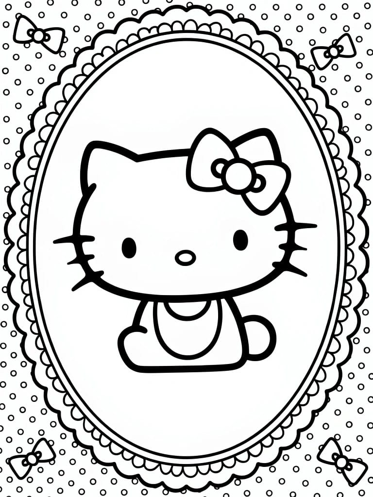 Black outline drawing of Hello Kitty sitting inside an oval frame with lace borders, polka dots, and side bows.