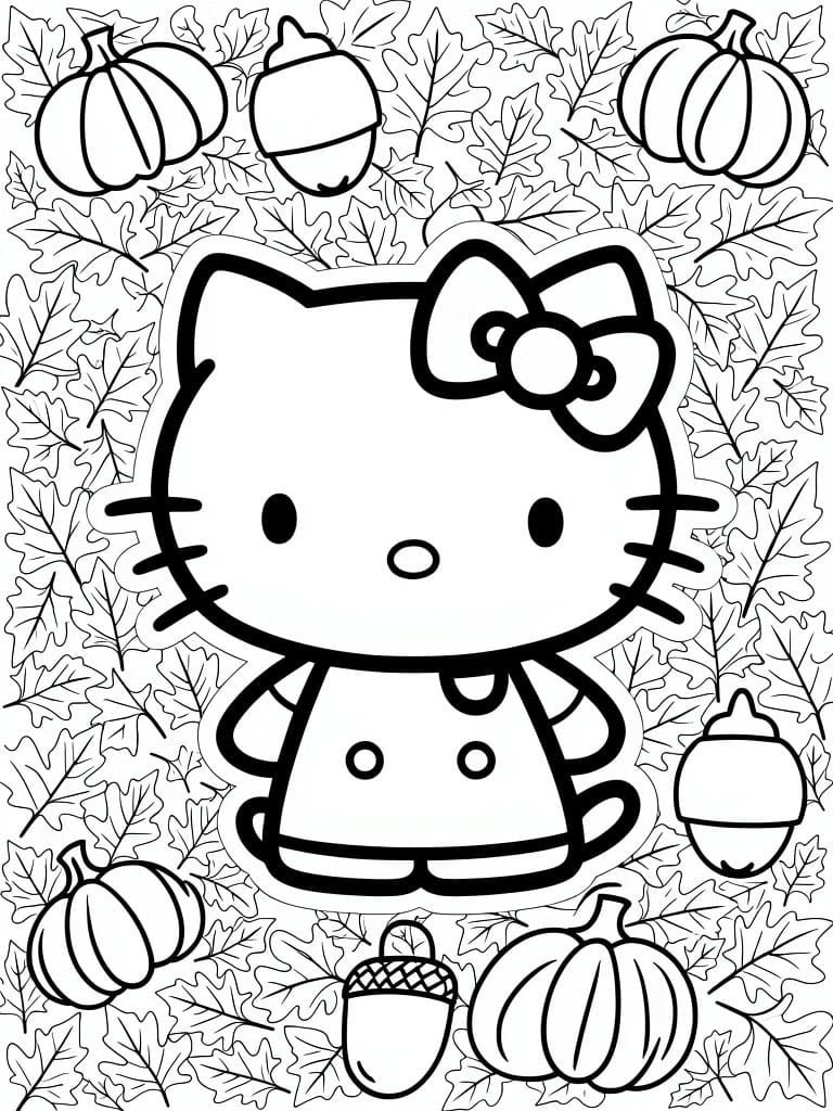 Hello Kitty sits centered on a coloring page surrounded by pumpkins, acorns, and leaf patterns.
